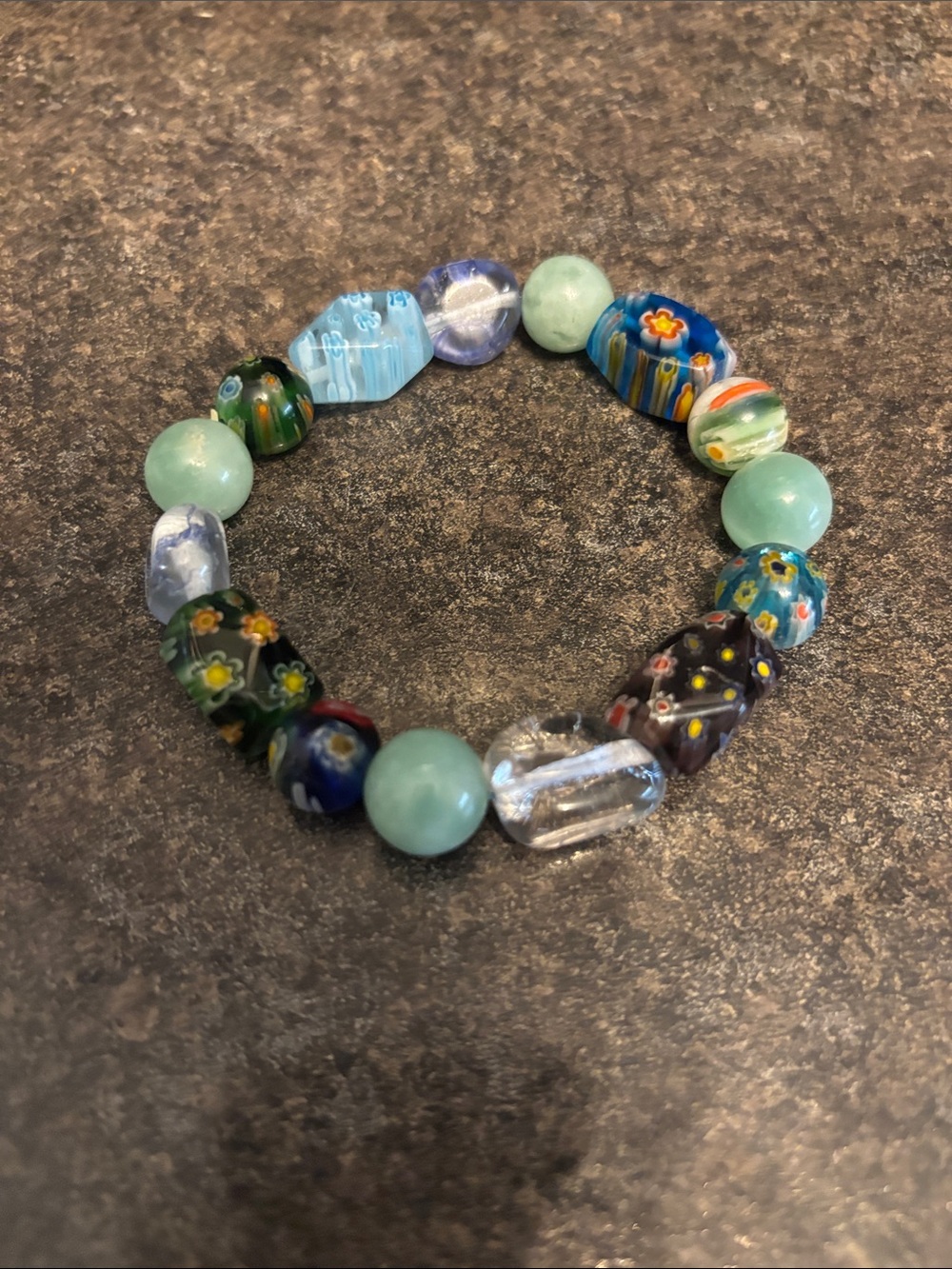 Handmade Multicolor Glass Bead Stretch Bracelet - Aqua & Blue